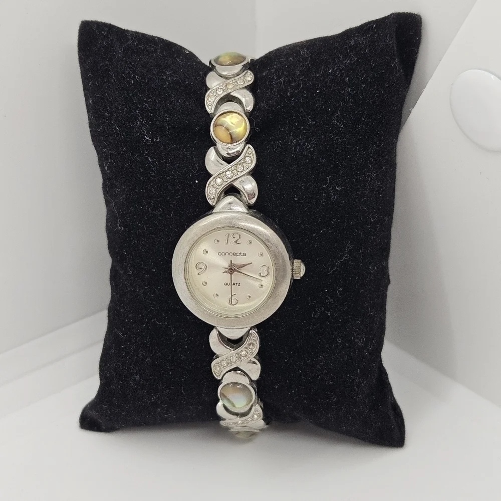 Concepts in Time silver tone watch skinny band with faux abalone and rhinestones